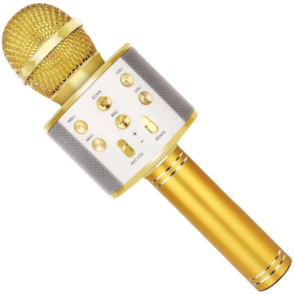 Micrófono karaoke Bluetooth dorado con sus botones de control