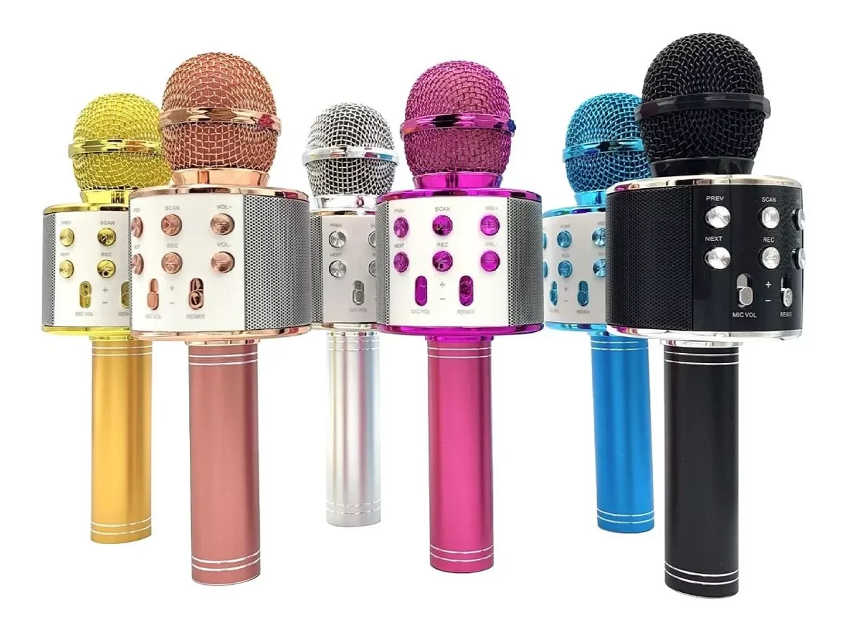 Micrófonos karaoke Bluetooth de varios colores: dorado, oro rosa, plateado, fucsia, azul y negro