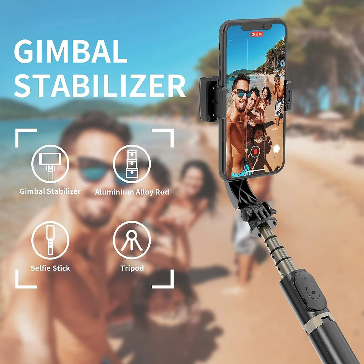 Estabilizador gimbal usado como palo selfie en la playa