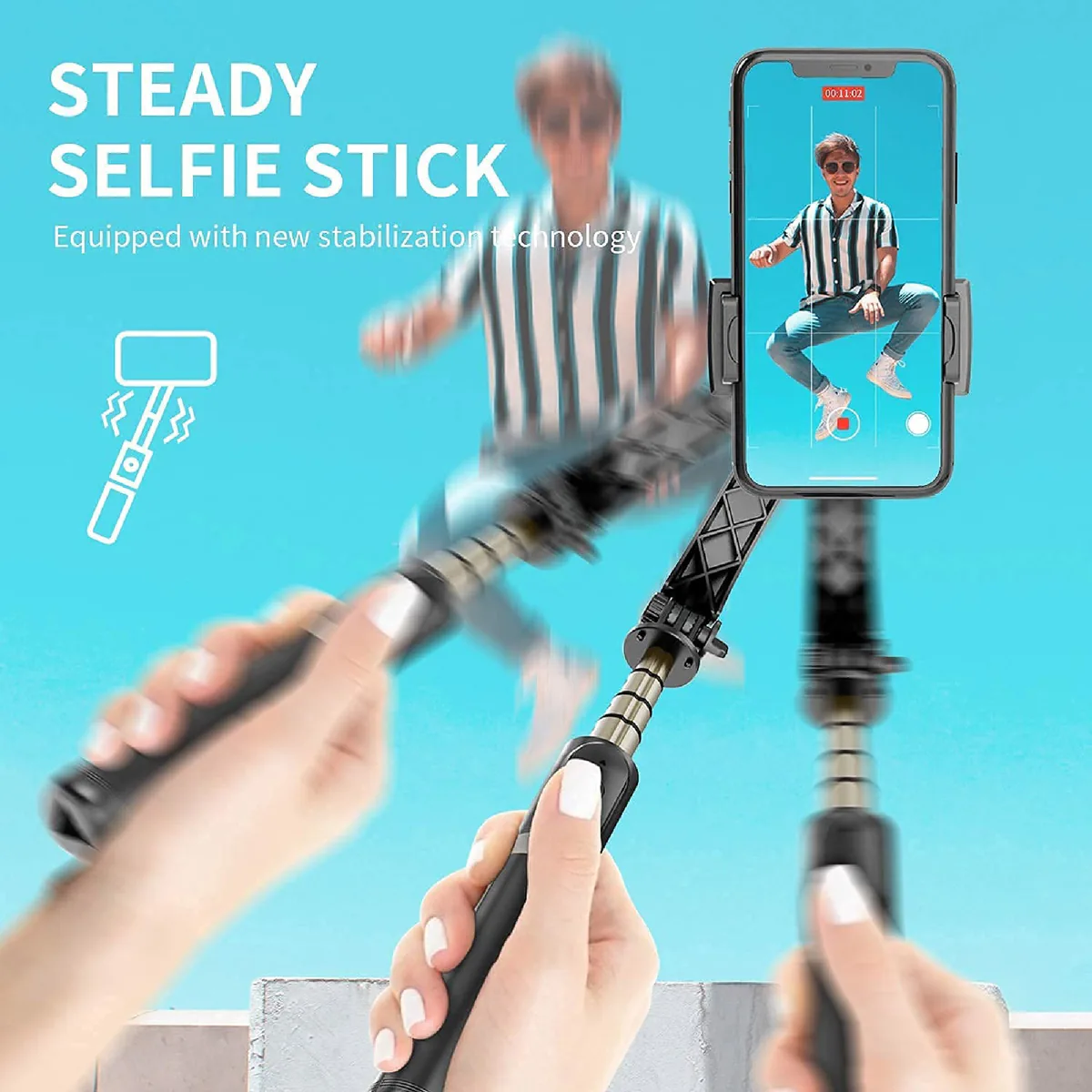 Persona grabando un video estable con el palo selfie estabilizador