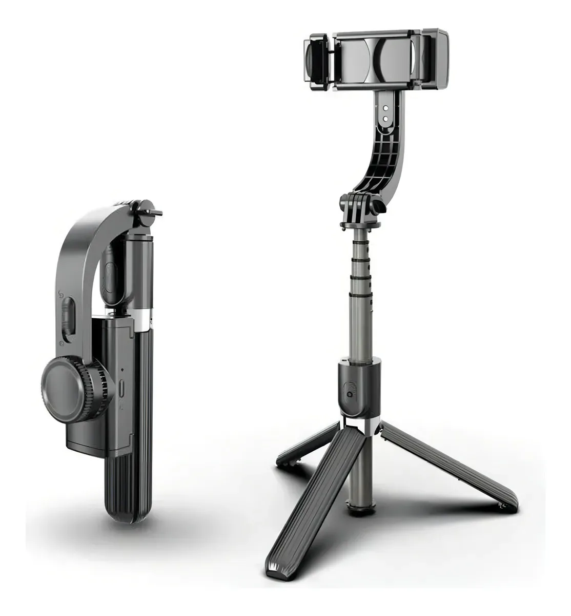 Estabilizador gimbal negro plegado y armado como trípode con soporte para celular