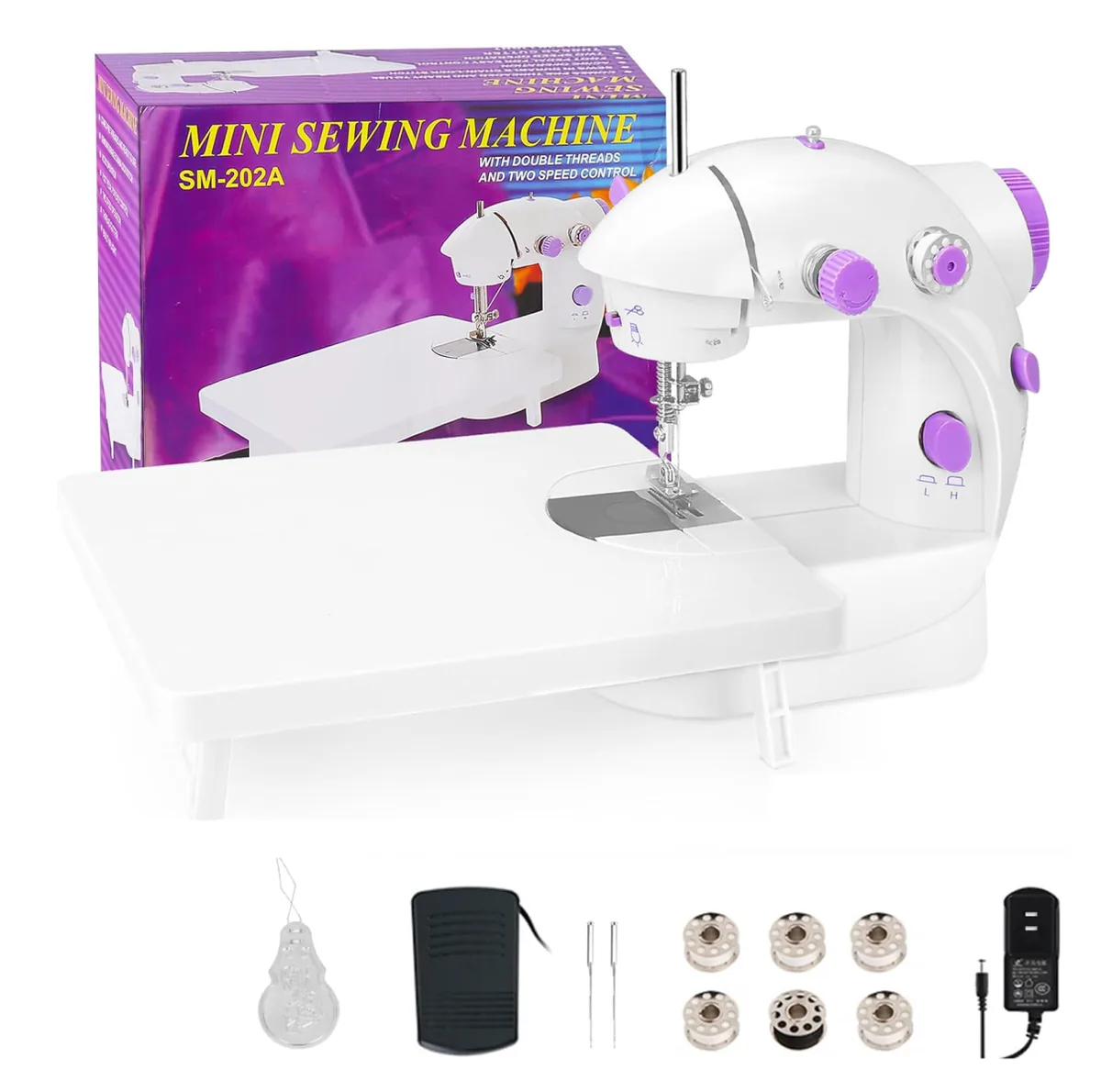 Mini máquina de coser SM-202A con mesa de extensión, su caja, pedal, bobinas y adaptador