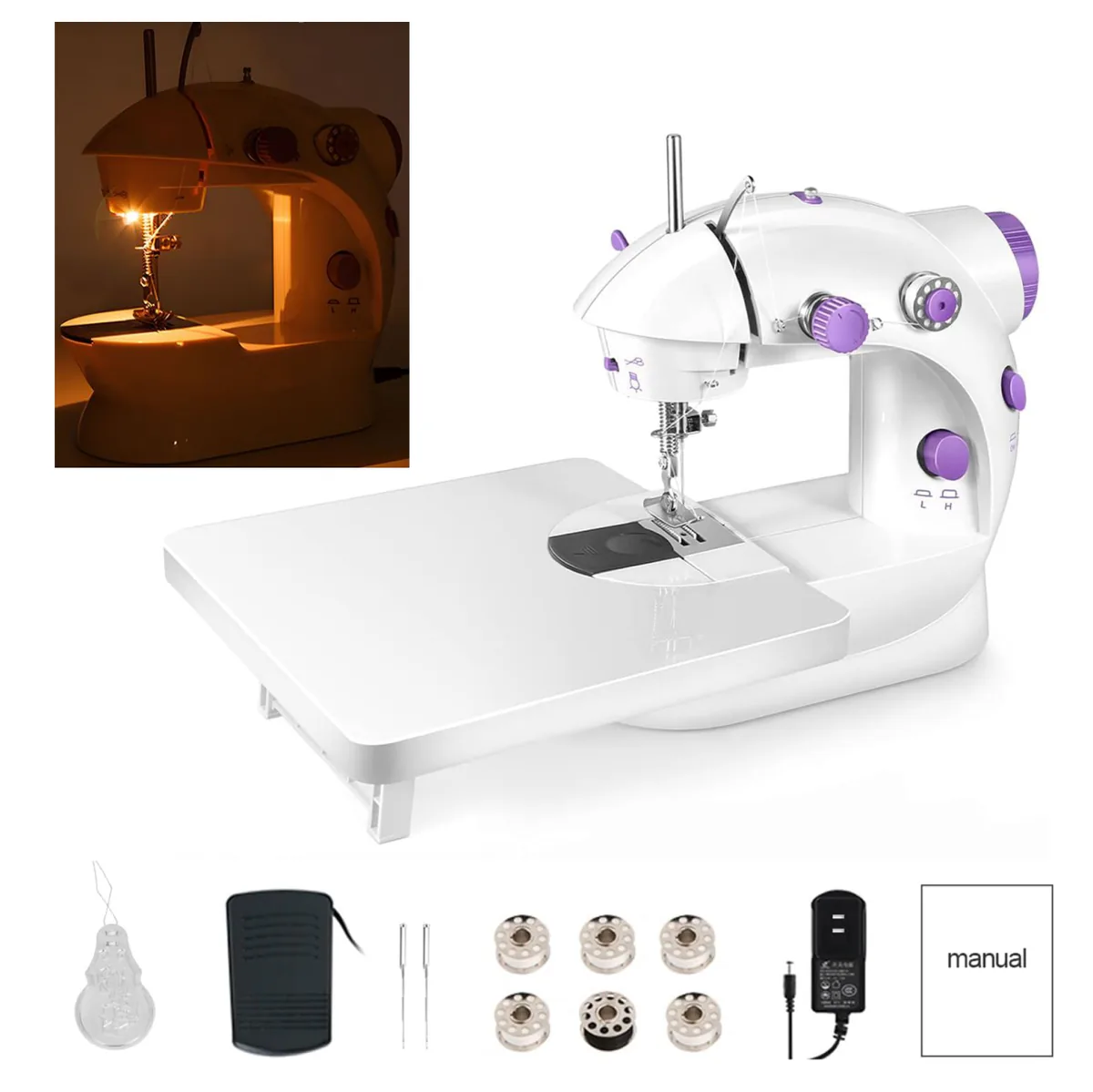 Mini máquina de coser con la luz encendida, mesa de extensión, pedal, bobinas y manual