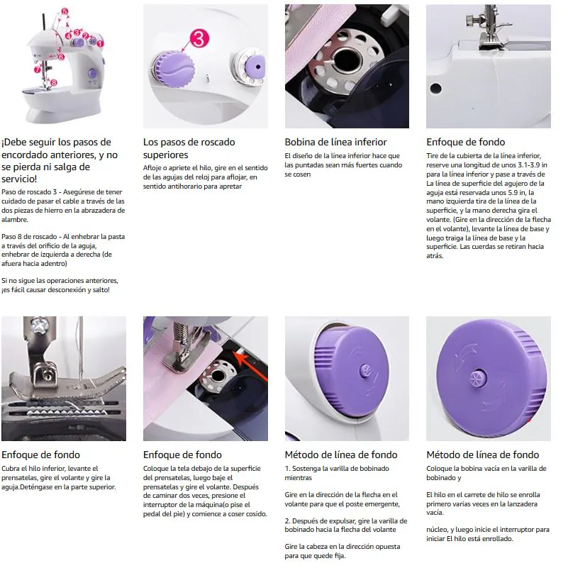 Pasos para enhebrar y bobinar la mini máquina de coser