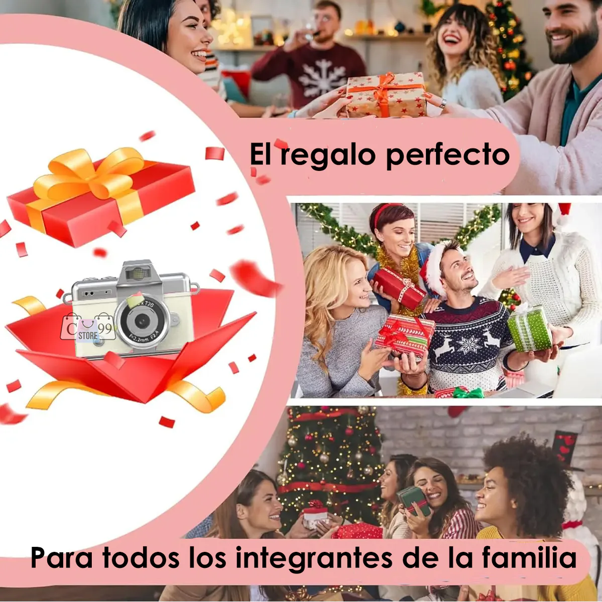 Mini cámara digital dentro de una caja de regalo, junto a familias celebrando Navidad