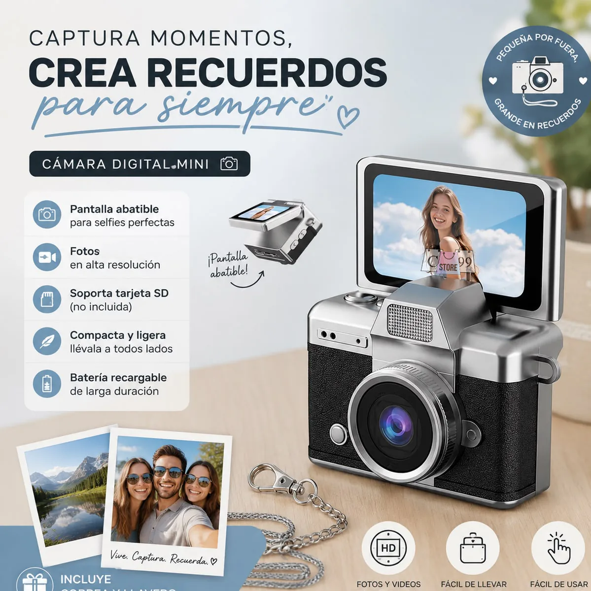 Mini cámara digital negra con pantalla abatible, llavero y sus funciones
