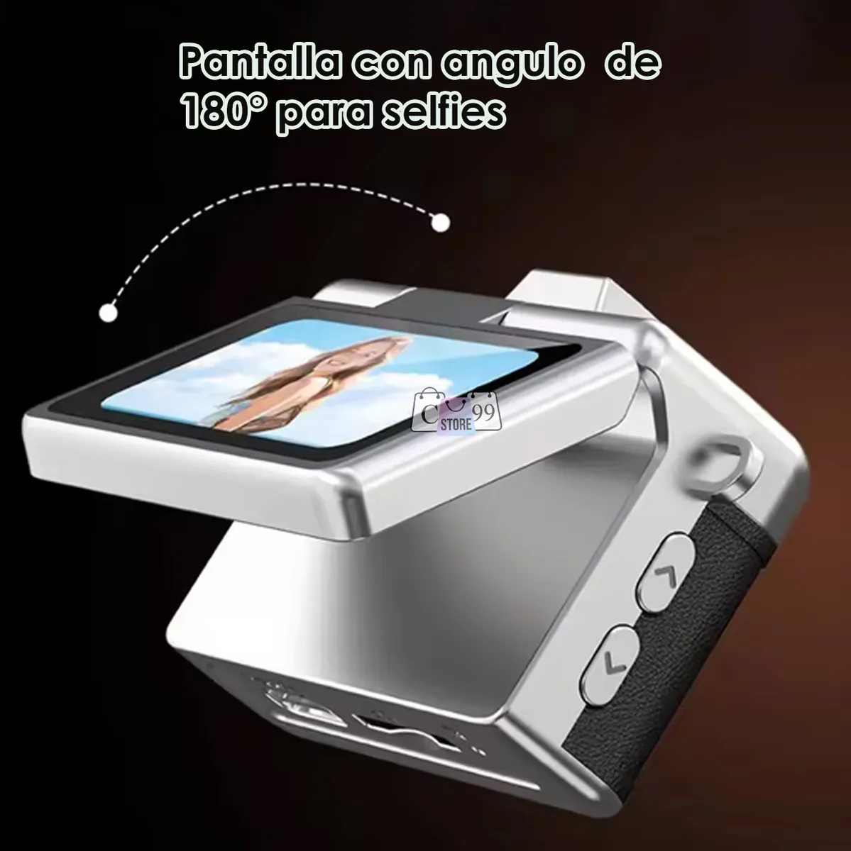 Pantalla de la mini cámara abatida 180° para tomar selfies