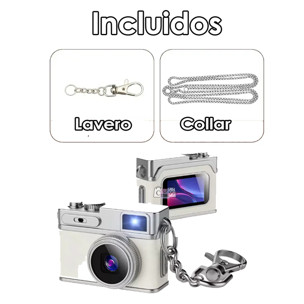 Llavero y collar incluidos con la mini cámara digital blanca