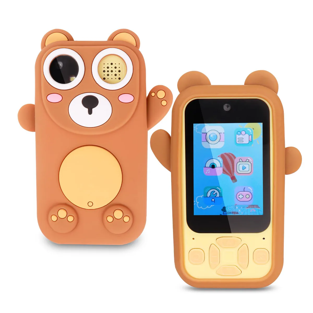 Cámara para niños tipo celular con funda de oso café, vista de frente y de atrás