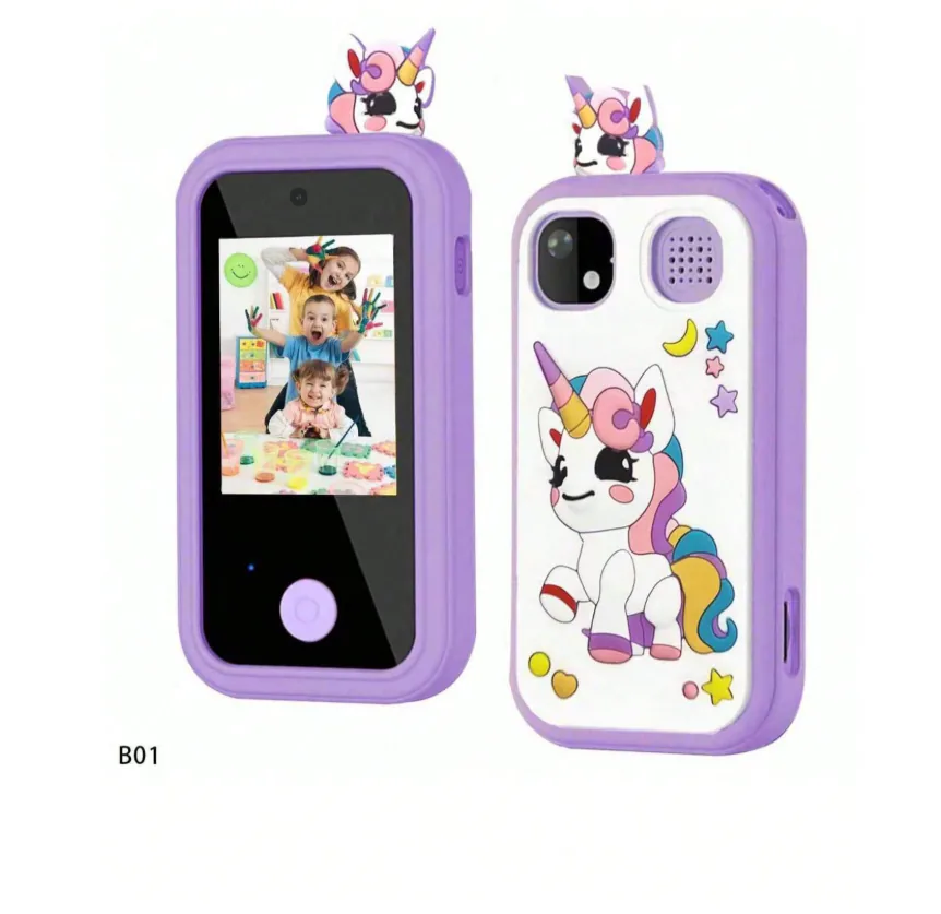 Cámara para niños con funda morada de unicornio, vista de la pantalla y del lente trasero
