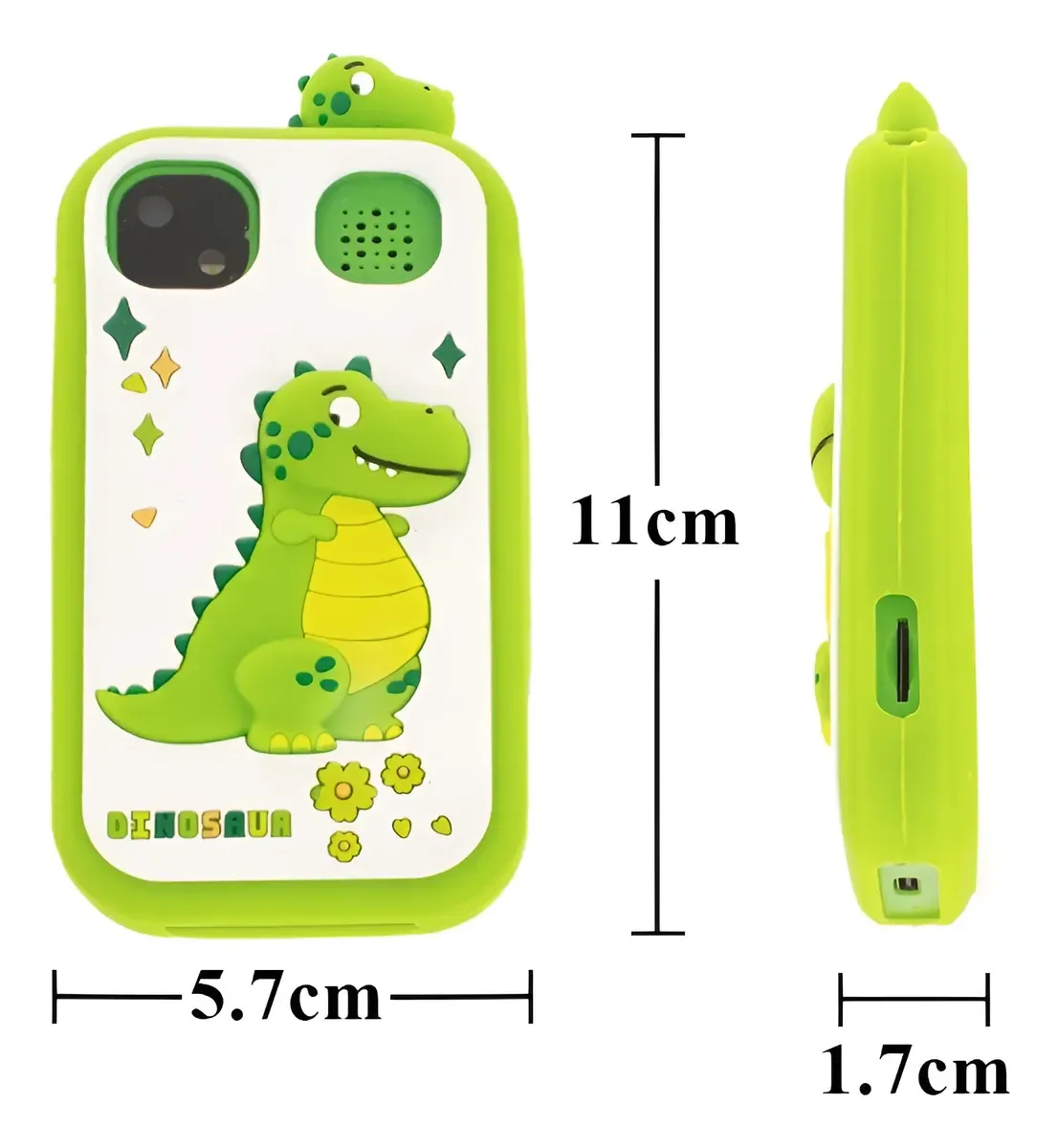 Medidas de la cámara para niños con funda de dinosaurio: 11 x 5,7 x 1,7 cm
