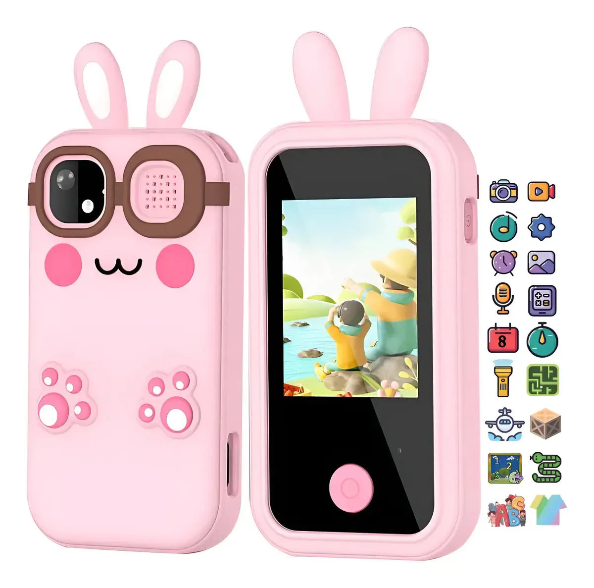 Cámara para niños con funda rosada de conejo y los íconos de sus funciones