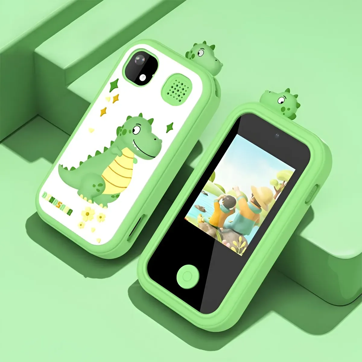 Cámara para niños con funda verde de dinosaurio, vista de frente y de atrás