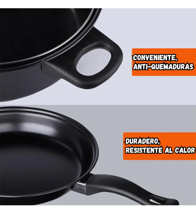 Detalle del asa de una olla y del mango del sartén antiadherente