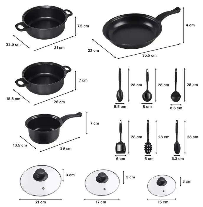Medidas del juego de ollas: ollas, sartén, utensilios de 28 cm y tapas de 21, 17 y 15 cm
