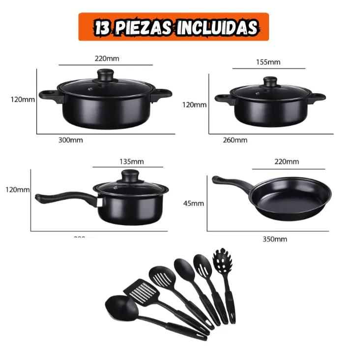 Las 13 piezas del juego de ollas con sus medidas: 3 ollas, sartén y 6 utensilios