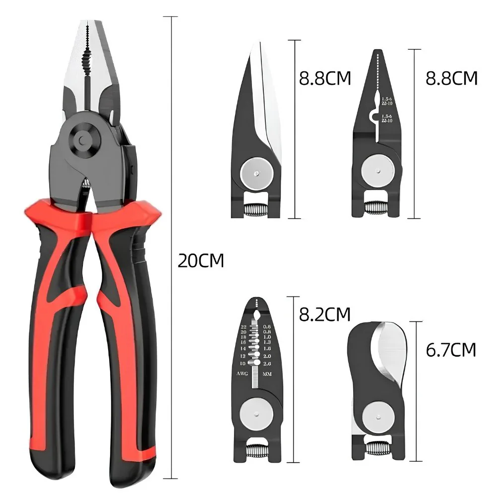 Medidas del alicate de 20 cm y de sus cabezales de 8,8, 8,2 y 6,7 cm