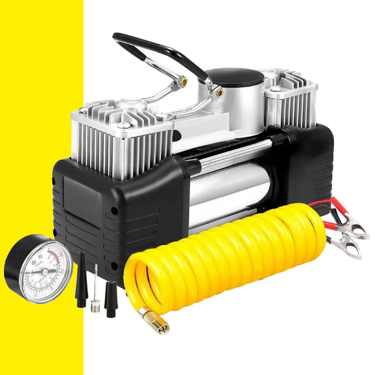 Compresor de aire 12 V con manómetro, boquillas, manguera en espiral y pinzas para batería