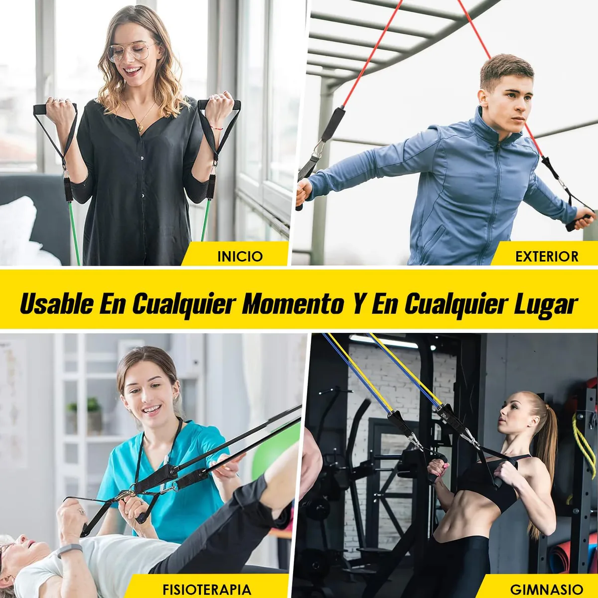 Bandas tubulares en uso en casa, al aire libre y en el gimnasio