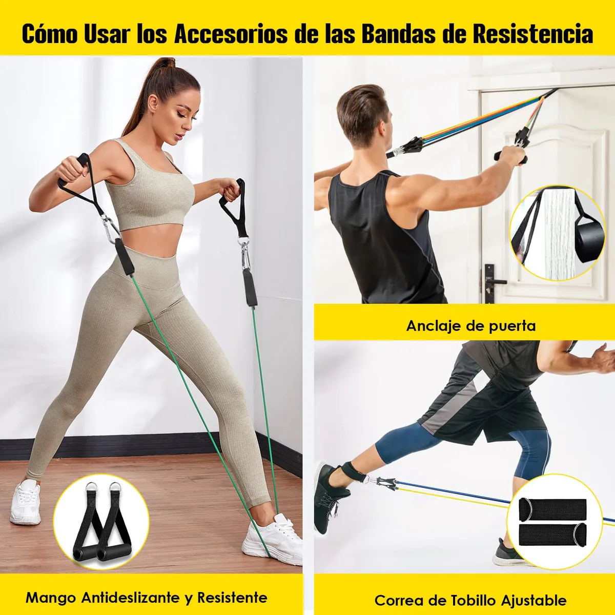 Cómo usar los mangos, el anclaje de puerta y las correas de tobillo de las bandas