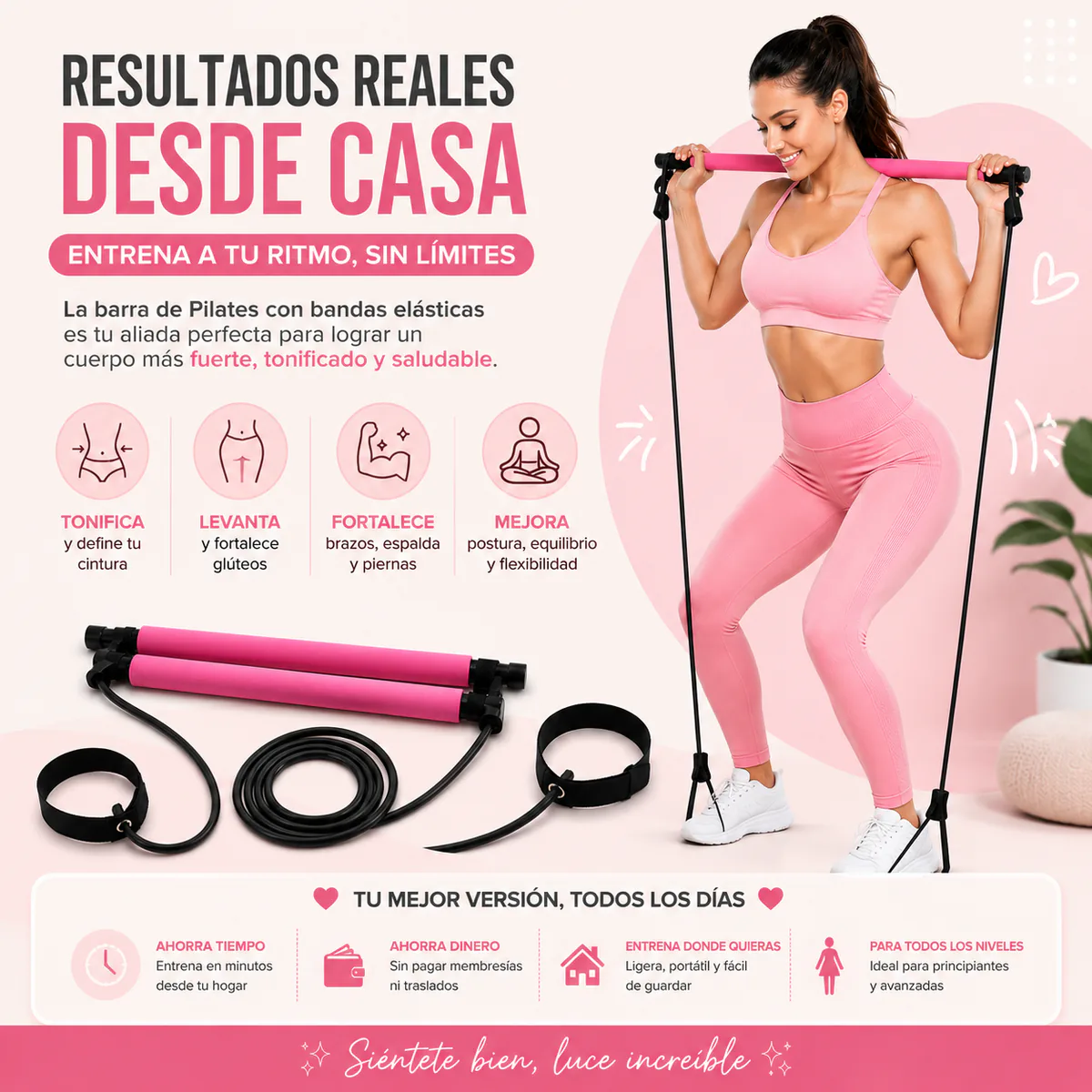 Mujer haciendo sentadilla con la barra de pilates rosa