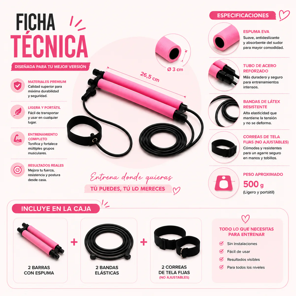 Ficha técnica de la barra de pilates y lo que incluye la caja