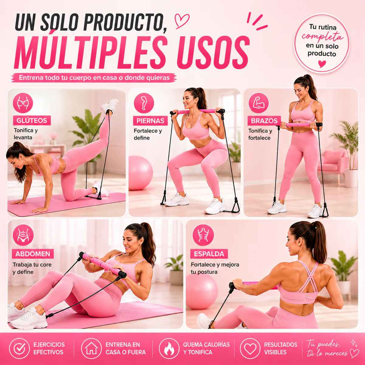 Ejercicios con la barra de pilates para glúteos, piernas, brazos, abdomen y espalda