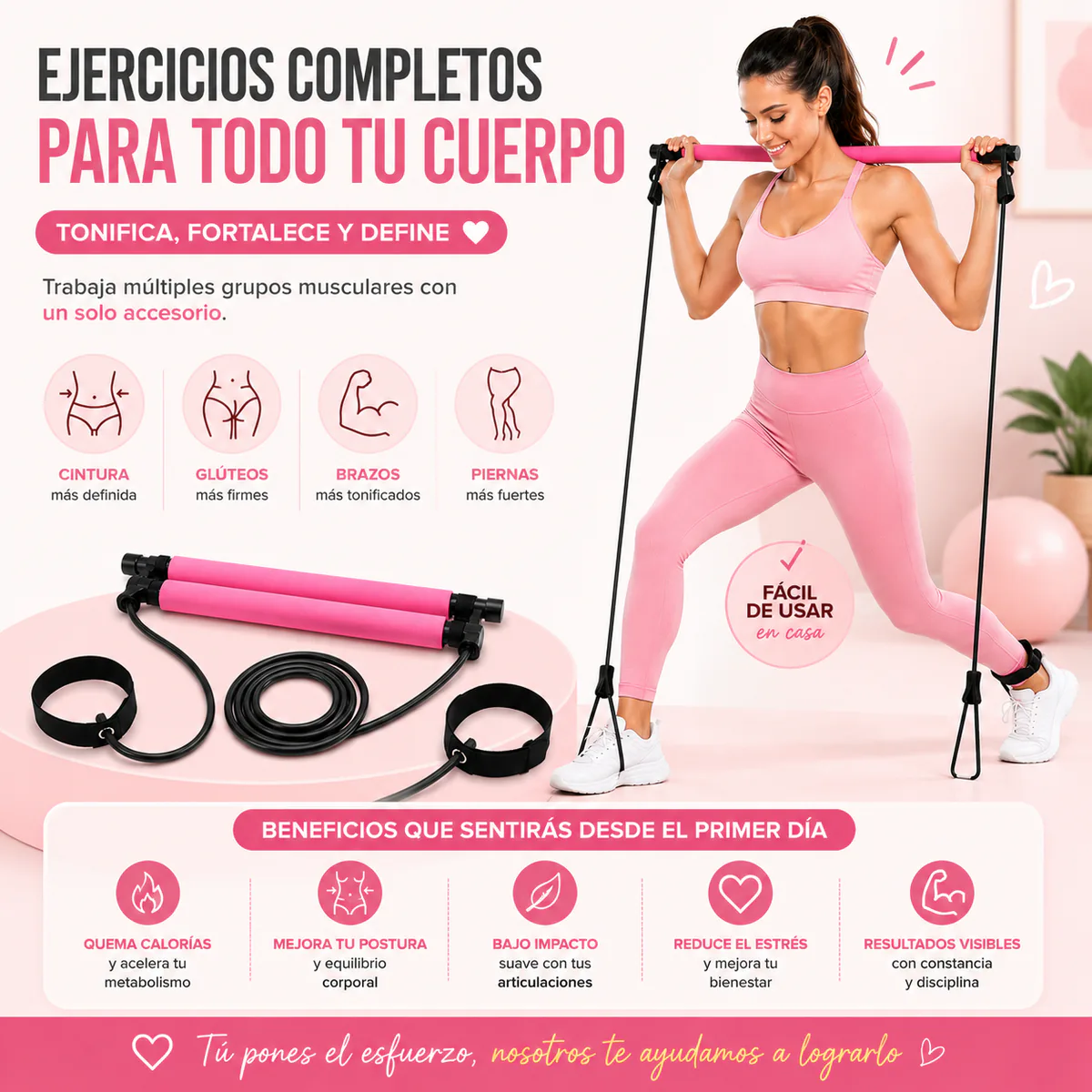 Mujer entrenando con la barra de pilates rosa sobre los hombros