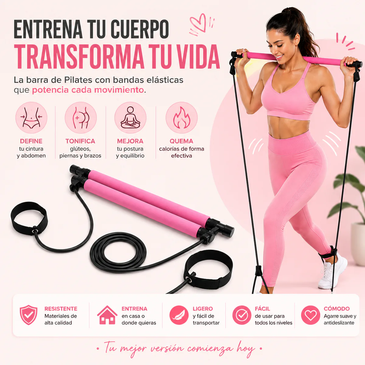 Barra de pilates en 2 piezas con bandas elásticas y mujer entrenando con ella