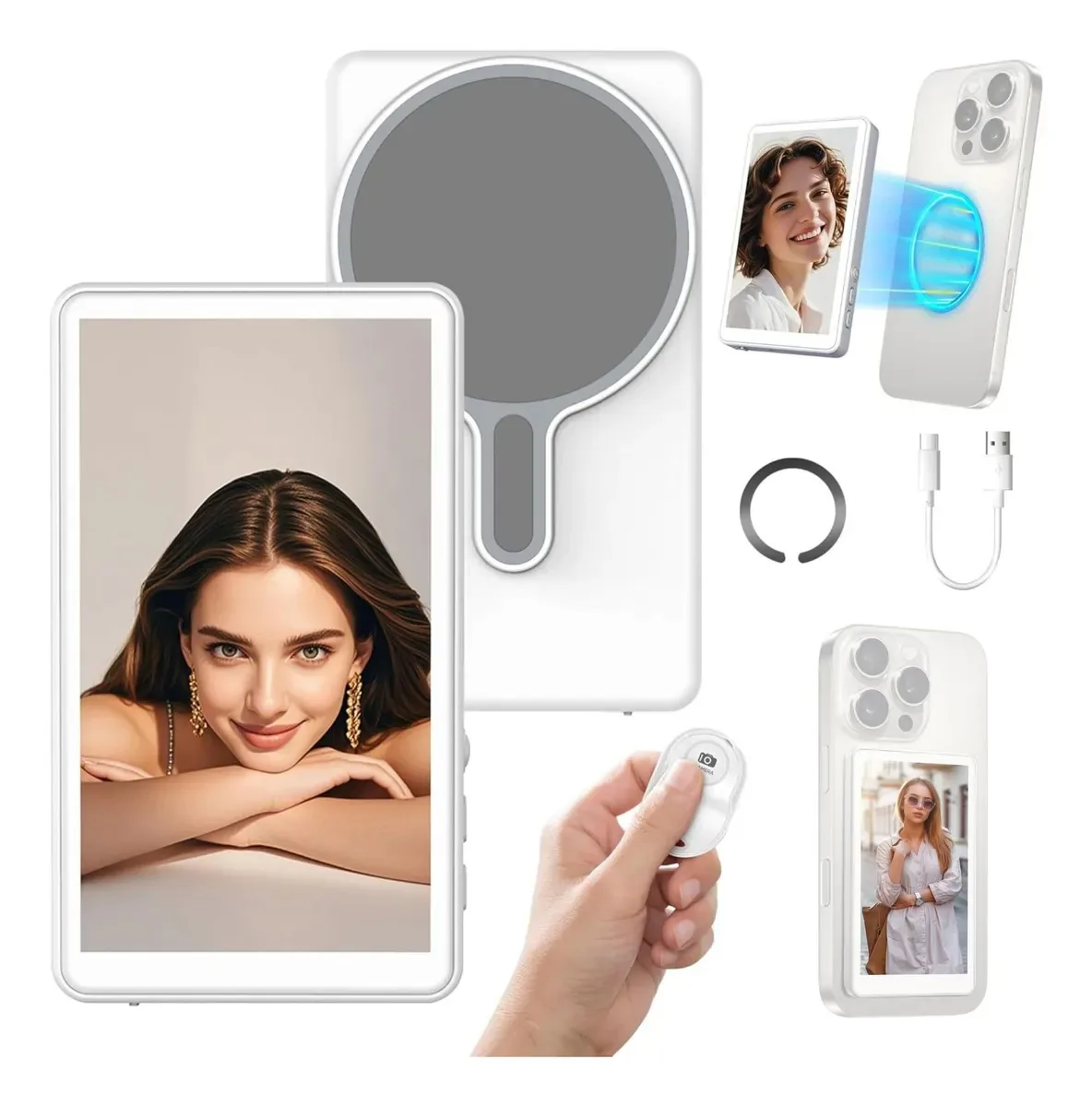 Pantalla magnética para selfies blanca con anillo magnético, cable USB tipo C y control