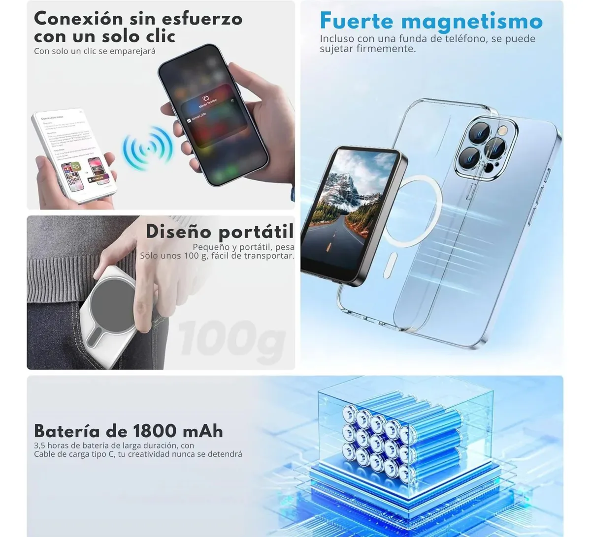 Pantalla para selfies: imán que sujeta incluso con funda, 100 g y batería de 1800 mAh