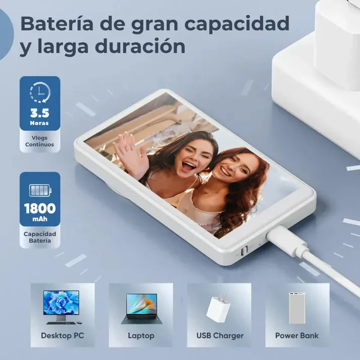 Pantalla para selfies cargando por USB tipo C, con batería de 1800 mAh