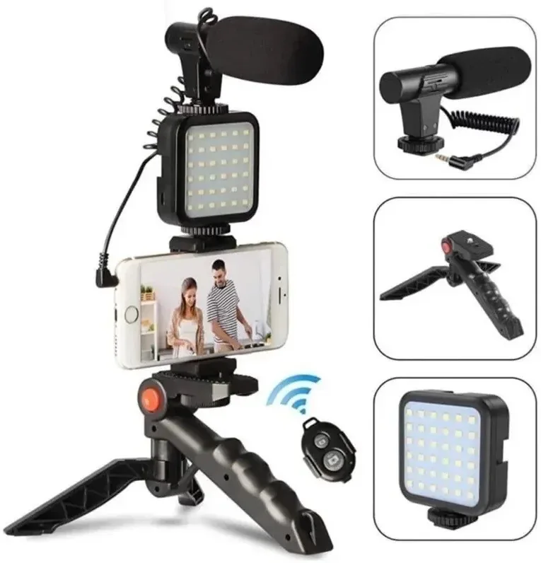 Kit para grabar con el celular: trípode, luz LED, micrófono y control, foto 2 de 5