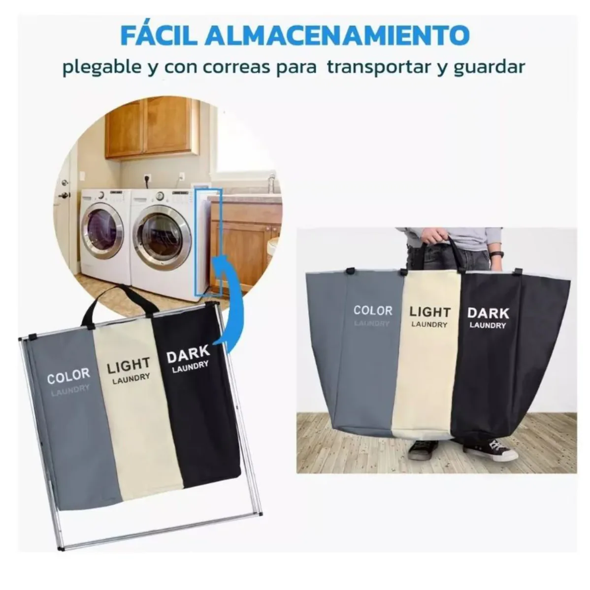 Cesto plegable para ropa sucia con 3 compartimentos, tela Oxford, foto 3 de 6