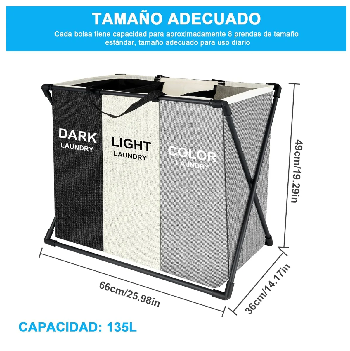 Cesto plegable para ropa sucia con 3 compartimentos, tela Oxford, foto 5 de 6