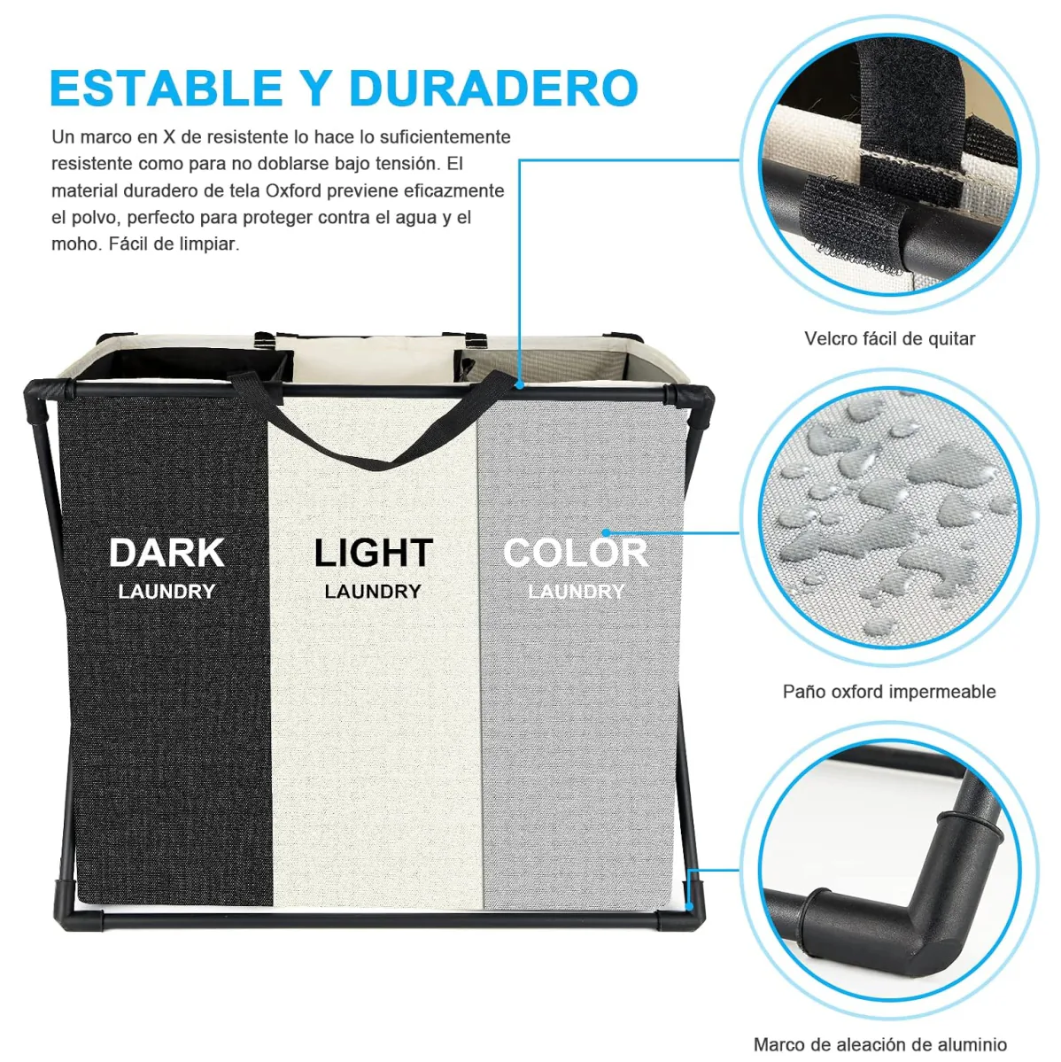 Cesto plegable para ropa sucia con 3 compartimentos, tela Oxford, foto 6 de 6