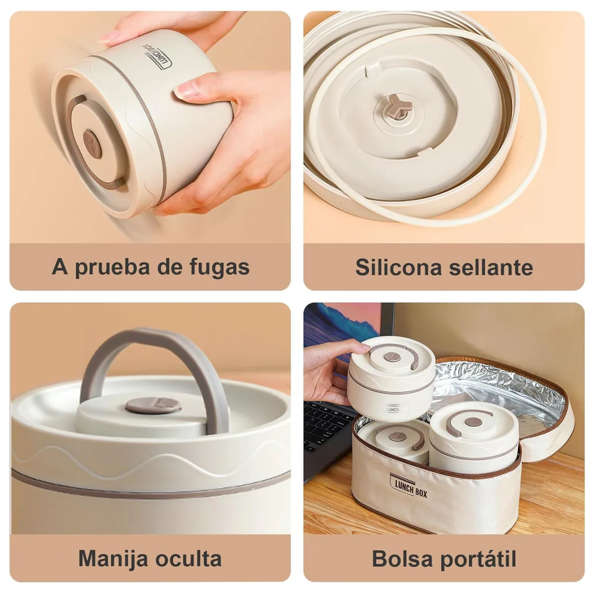 Lonchera térmica con 4 recipientes de acero inoxidable y bolsa, foto 3 de 6