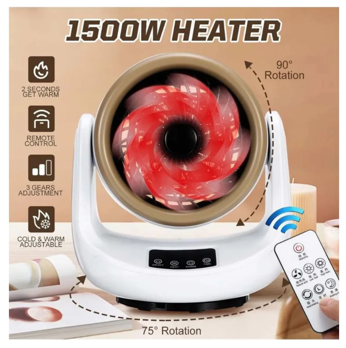 Calefactor eléctrico portátil 1500 W con control remoto y oscilación, foto 5 de 6