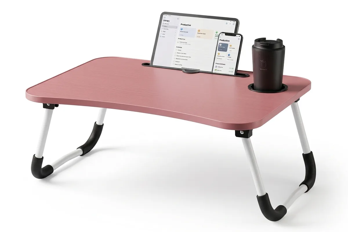 Mesa plegable para portátil con soporte para tablet y portavasos, foto 2 de 5