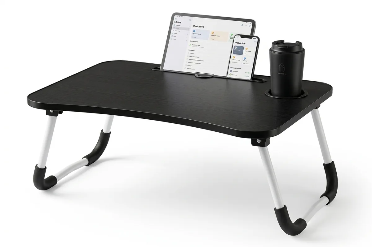 Mesa plegable para portátil con soporte para tablet y portavasos, foto 1 de 5