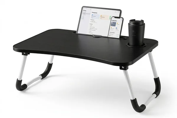 Mesa plegable para portátil con soporte para tablet y portavasos