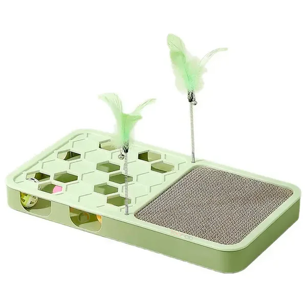 Rascador interactivo para gatos con plumas y pelotas