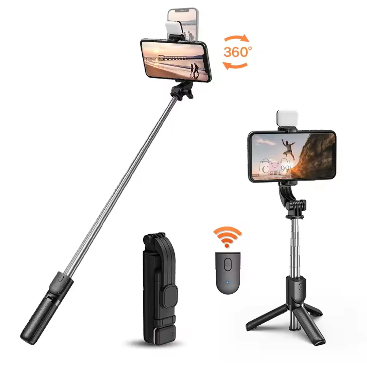 Palo selfie con trípode, luz LED y control remoto Bluetooth, foto 3 de 6