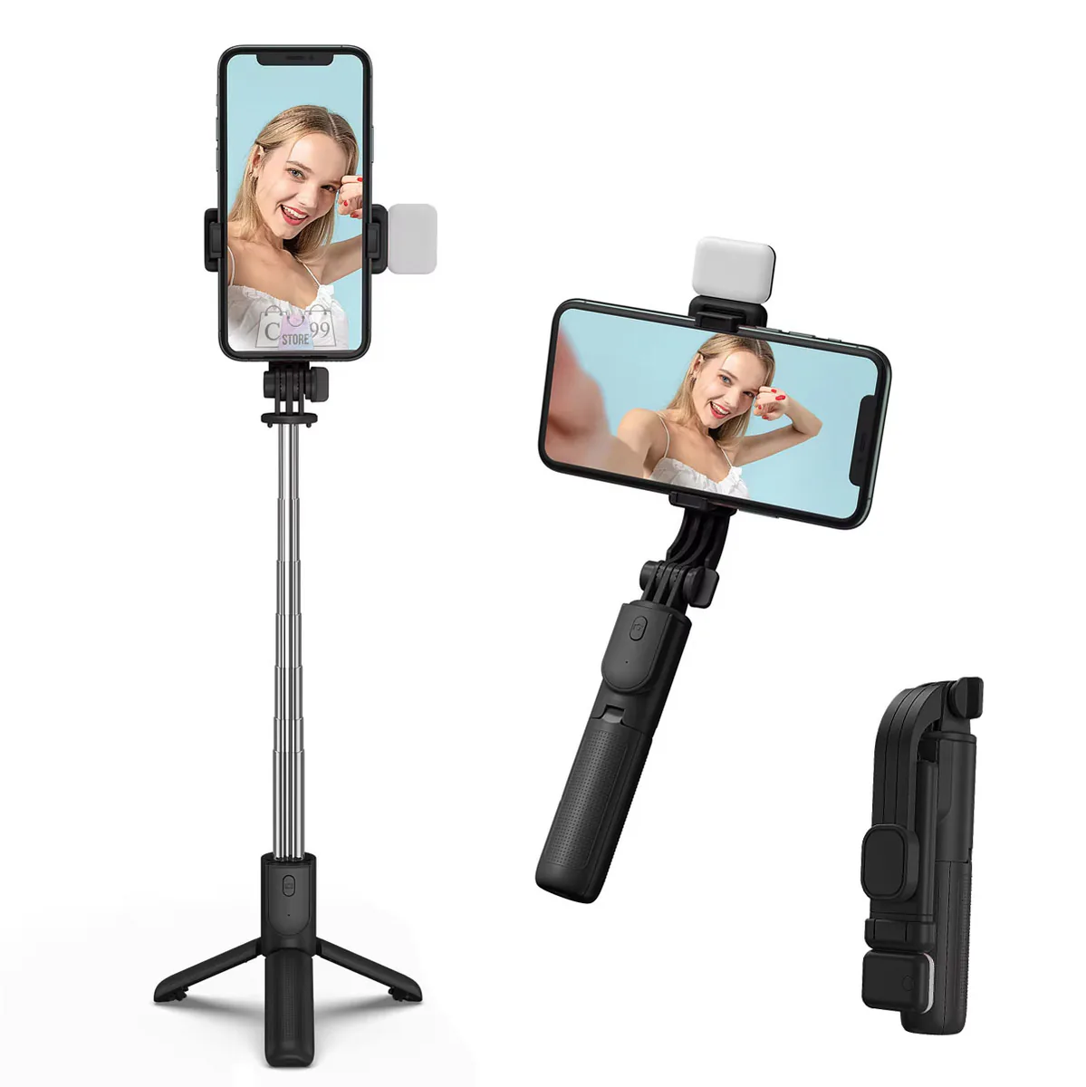Palo selfie con trípode, luz LED y control remoto Bluetooth, foto 4 de 6