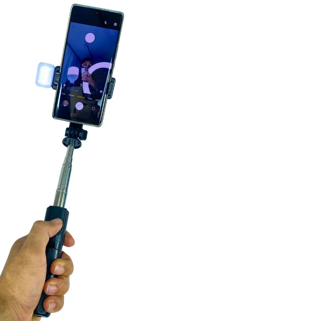 Palo selfie con trípode, luz LED y control remoto Bluetooth, foto 5 de 6