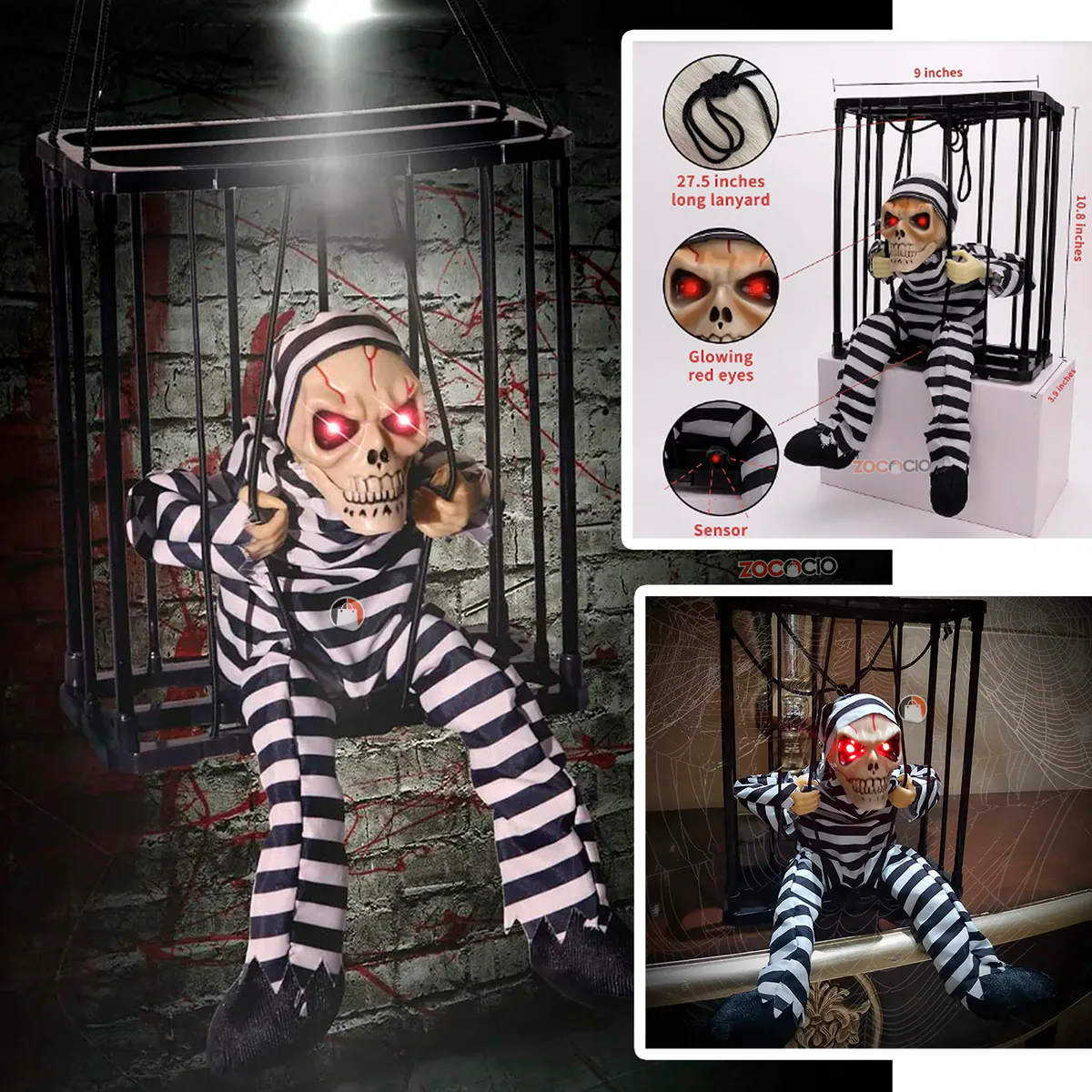 Decoración de Halloween: prisionero en jaula con luz y movimiento, foto 6 de 7
