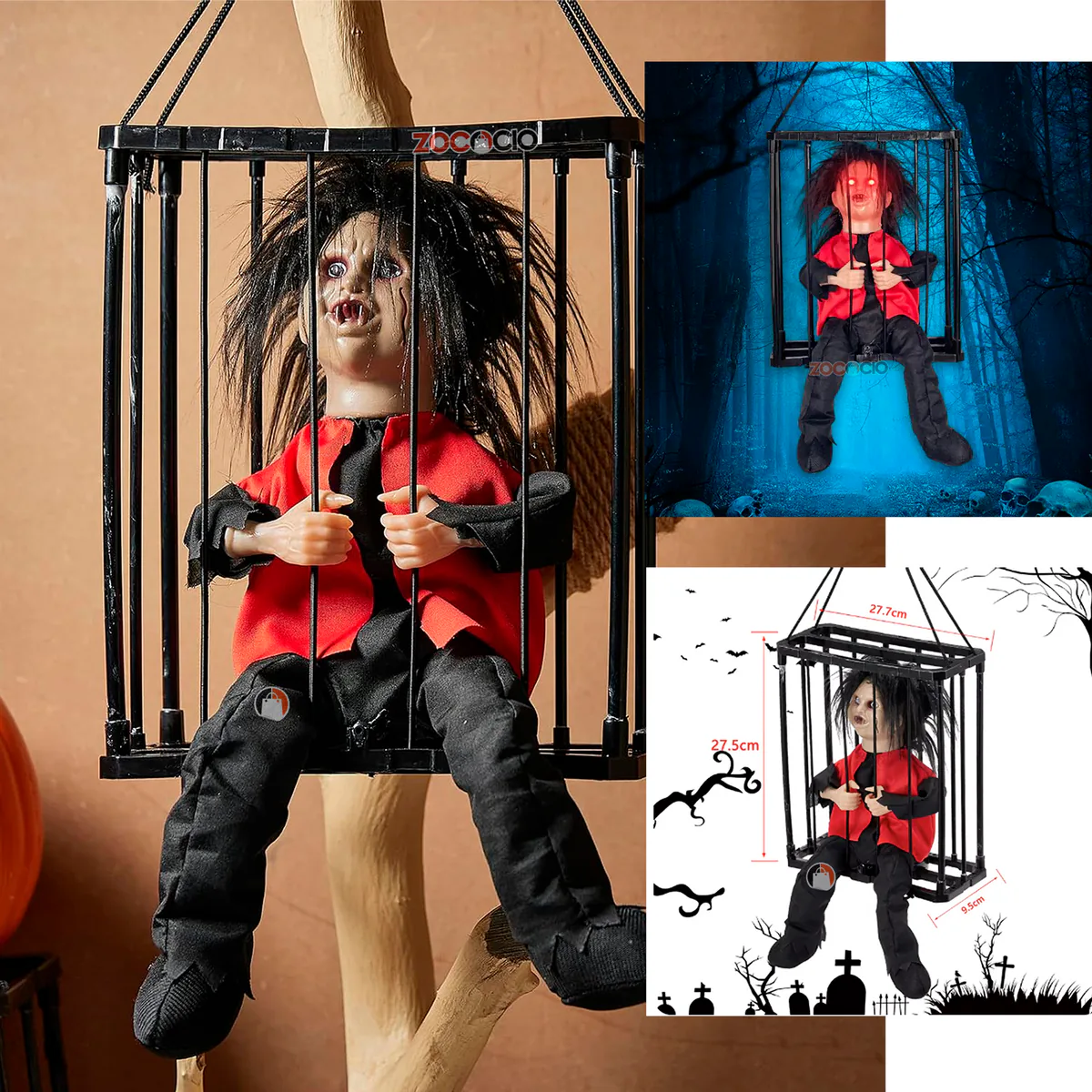 Decoración de Halloween: prisionero en jaula con luz y movimiento, foto 7 de 7