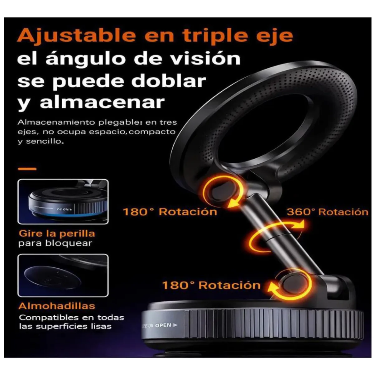Soporte magnético ajustable en tres ejes, con perilla para bloquear la ventosa