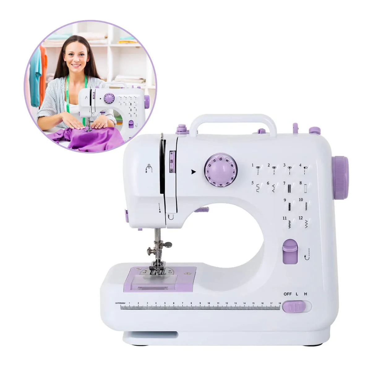 Máquina de coser de 12 puntadas y una mujer cosiendo una tela morada