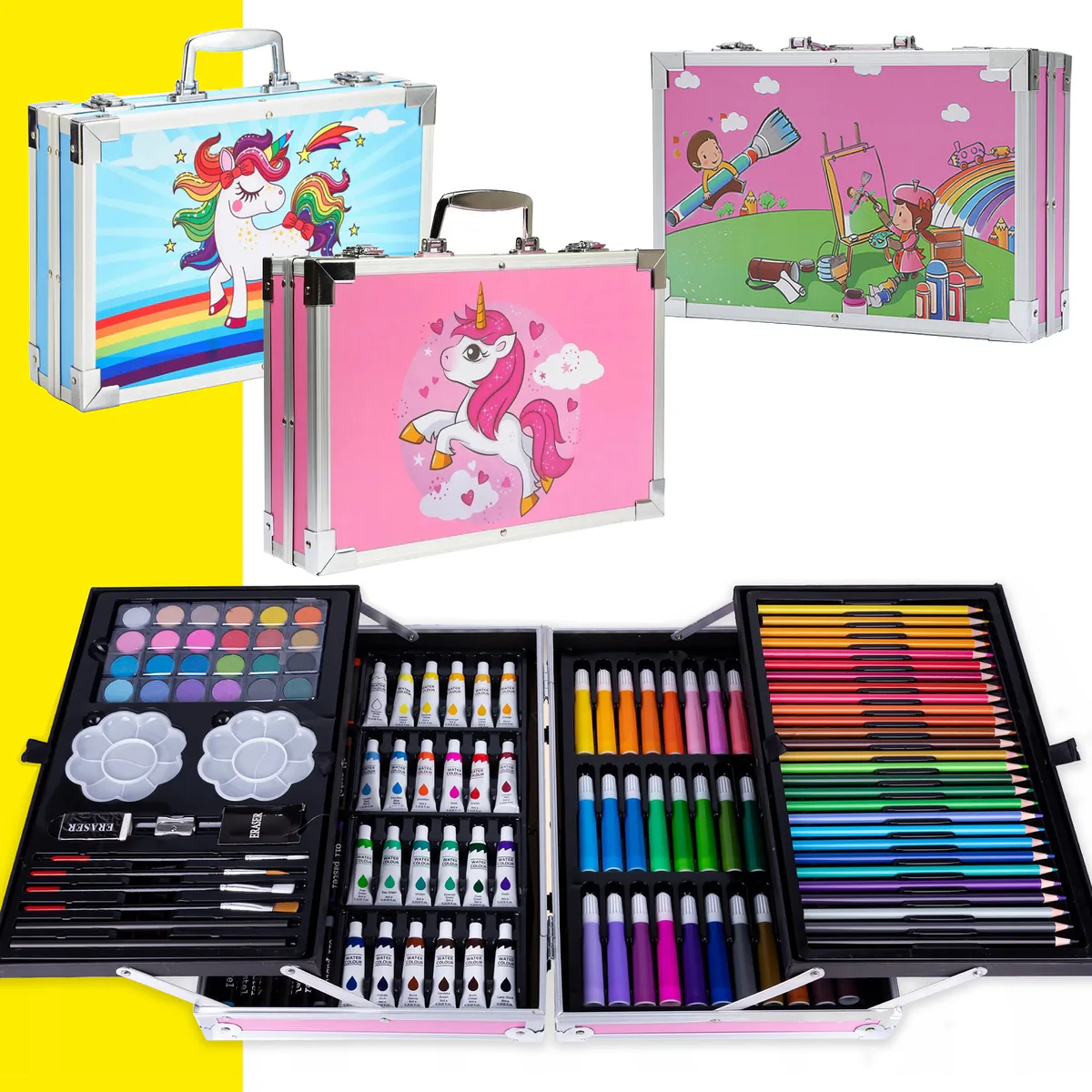 Los 3 diseños del maletín de arte: unicornio azul, unicornio rosado y niños pintando